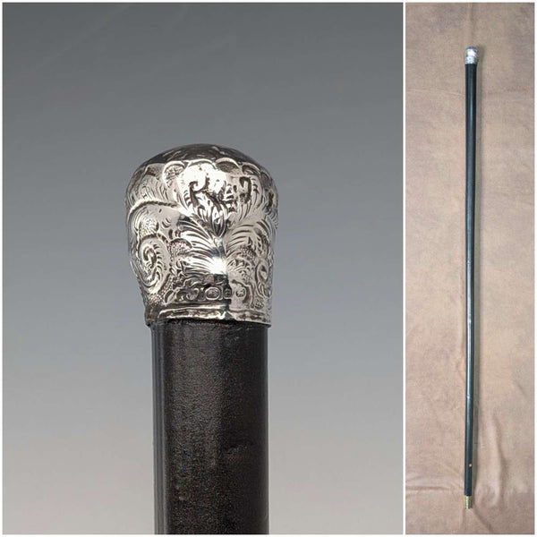 1889년 영국 앤틱 블랙 샤프트 순은제 론델 핸들 경량 지팡이 88cm