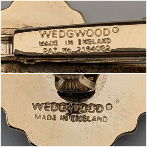 Gemelos y pasador de corbata Wedgwood de Inglaterra, con camafeo redondo de navío en jasper azul y base de color dorado, con estuche.