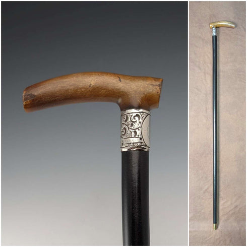 1897 British antique black shaft L-shaped horn handle pure silver decorated walking stick 84cm