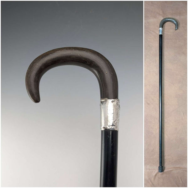 1902 British Antique Black Shaft Horn Handle Sterling Silver Decorated Walking Stick 90cm