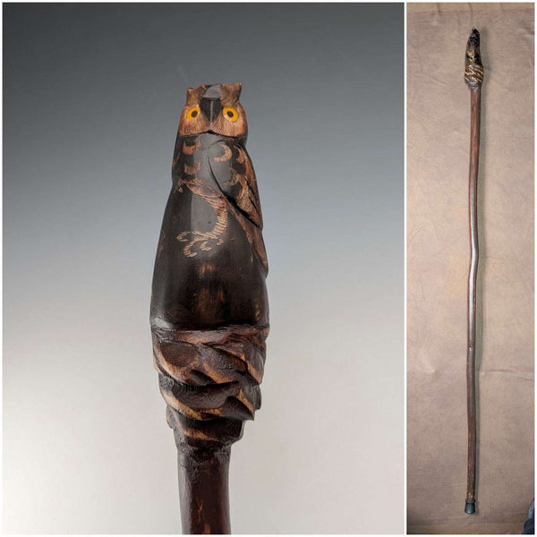 ヴィンテージ 天然木 フクロウ彫刻ハンドル ハイキングステッキ 杖 129cm