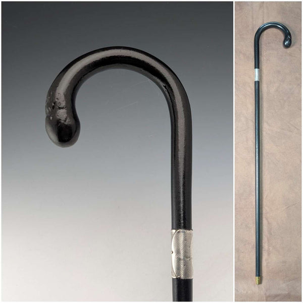 1929년 영국 빈티지 블랙 샤프트 커브 핸들 순은 장식 스틱 지팡이 85cm