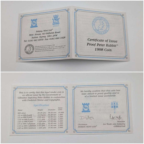 1998년 영국 지브롤터 크라운 은화 「피터 래빗」 포브조이 민트(Pobjoy Mint) 케이스·설명서 포함
