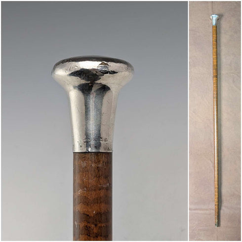 1917年 英国アンティーク タイガーシャフト 純銀製丸ハンドル ステッキ 杖 91cm