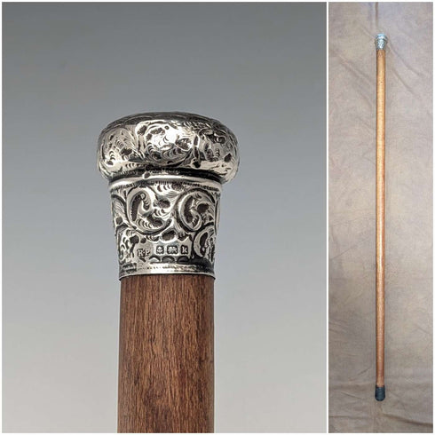 1909年 英国古董 棕色杆身 雕刻纯银朗德尔手柄 手杖 88cm