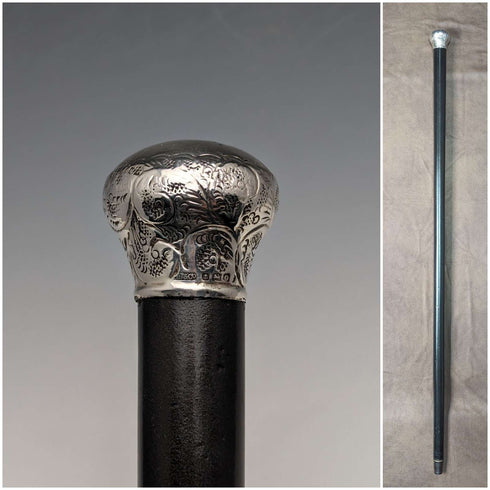 1913 British Vintage Men's Walking Stick, Sterling Silver, Round Handle, 91cm, Black Shaft