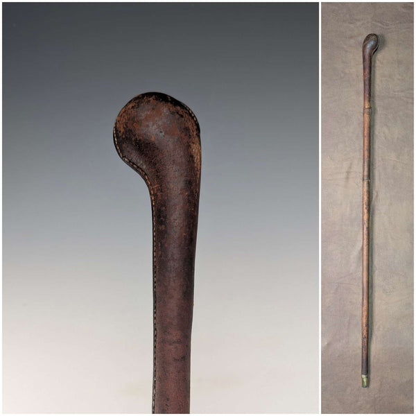 Antique British leather covered brown shaft knob handle walking stick 89cm