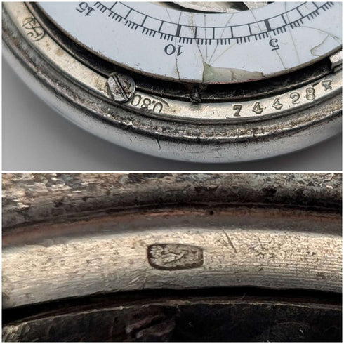 Reloj de bolsillo suizo antiguo con cronógrafo de doble cara, sin marca, caja de plata 800, en buen estado de funcionamiento