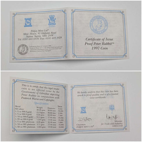 1997년 영국 지브롤터 크라운 은화 「피터 래빗」 포브조이 민트(Pobjoy Mint) 케이스·설명서 포함