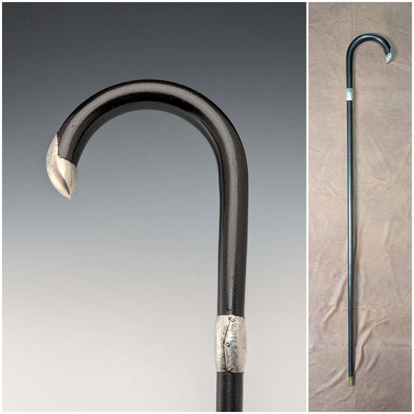1913 British antique gentleman's curved handle pure silver decorated walking stick 92cm J Howell&Co Ltd