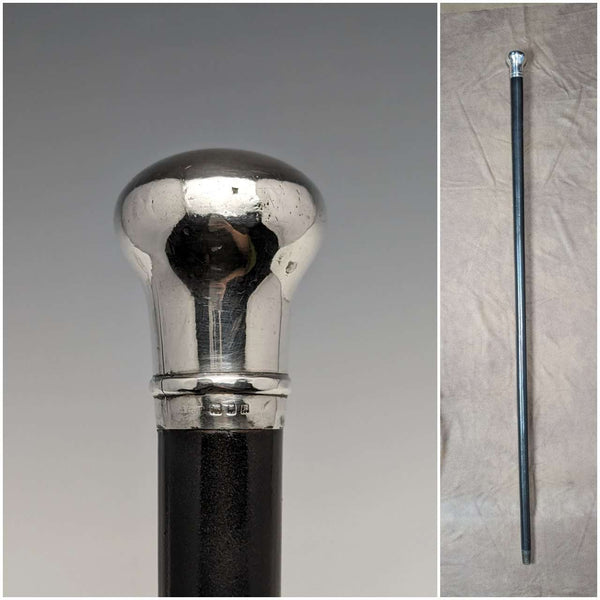 1922 British antique gentleman's walking stick, black shaft, pure silver, round handle, 92cm