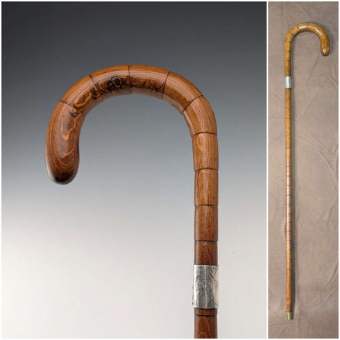 Circa 1921 British antique brown shaft, curved handle, pure silver decoration, walking stick, 88cm