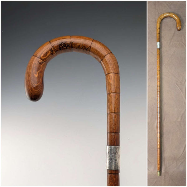Circa 1921 British antique brown shaft, curved handle, pure silver decoration, walking stick, 88cm