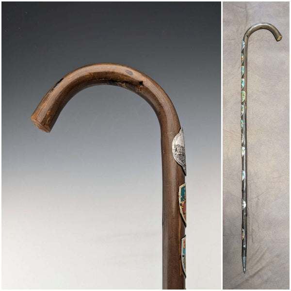 Vintage Men's European Tourist Walking Stick, Brown Shaft, 88cm