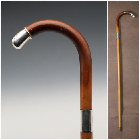 1914年 英国アンティーク タンシャフト 純銀装飾 大曲りハンドル ステッキ 杖 93cm