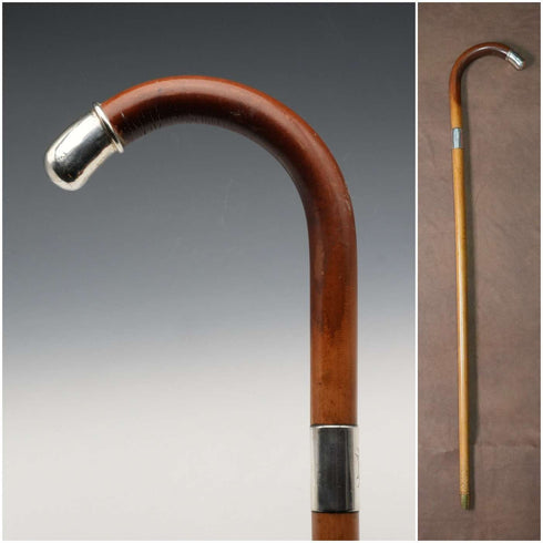 Bastón antiguo inglés de 1914 con mango curvo y ornamentación de plata de ley, 93 cm