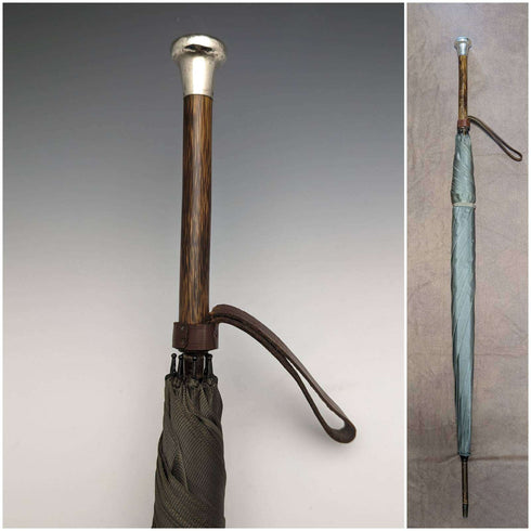 1919년 영국 앤티크 신사용 우산 그린 순은제 원형 핸들 87cm