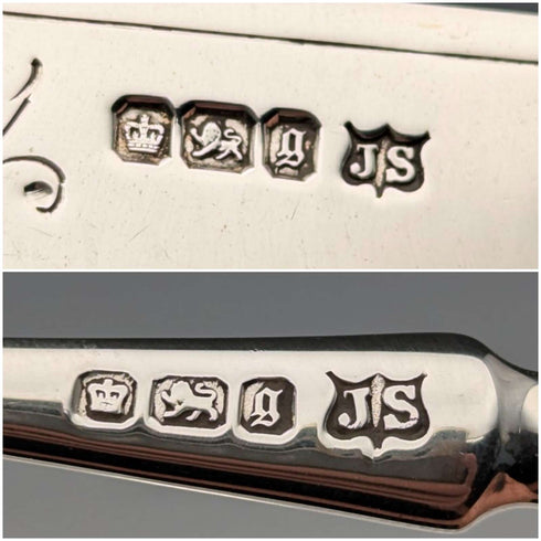 1899 British antique white mother-of-pearl handle, pure silver blade dessert cutlery, 4 pairs, John Sanderson