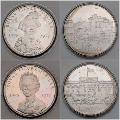 1977年 英国产纯银制银禧纪念克朗银币4枚套组,总重113克,带盒,Pobjoy Mint铸造