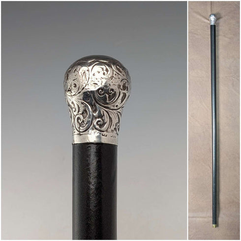 1883年 英国アンティーク ブラックシャフト 彫刻純銀製 丸ハンドル ステッキ 杖 89cm