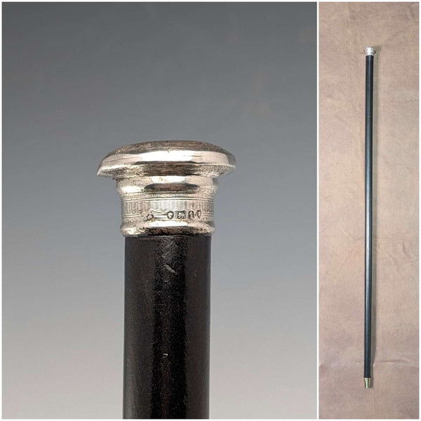 1874年 英国アンティーク ブラックシャフト 純銀彫刻ロンデルハンドル ステッキ 82cm