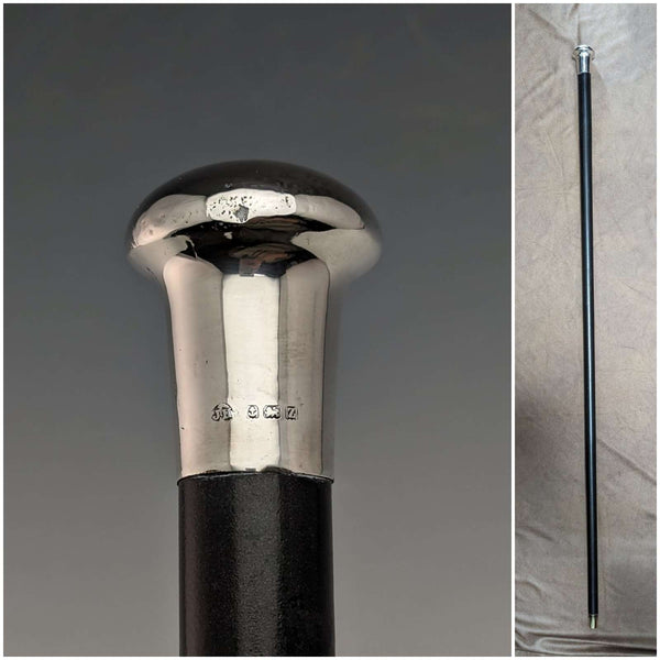 1924 British Vintage Men's Walking Stick, Sterling Silver, Round Handle, Black Shaft, 91.5cm