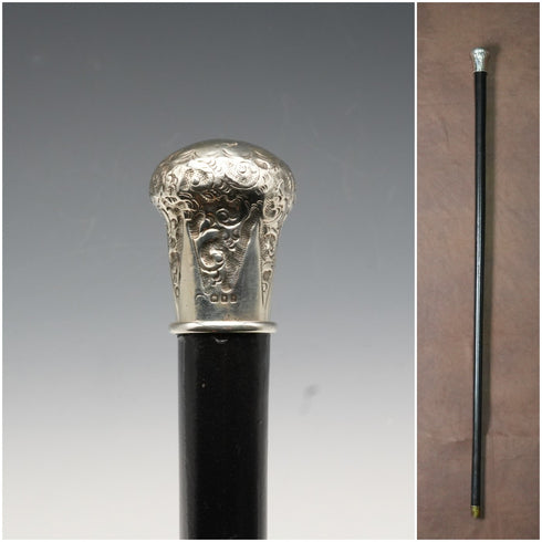 1922 British Antique Black Shaft Sterling Silver Rondelle Handle Walking Stick Cane 91cm