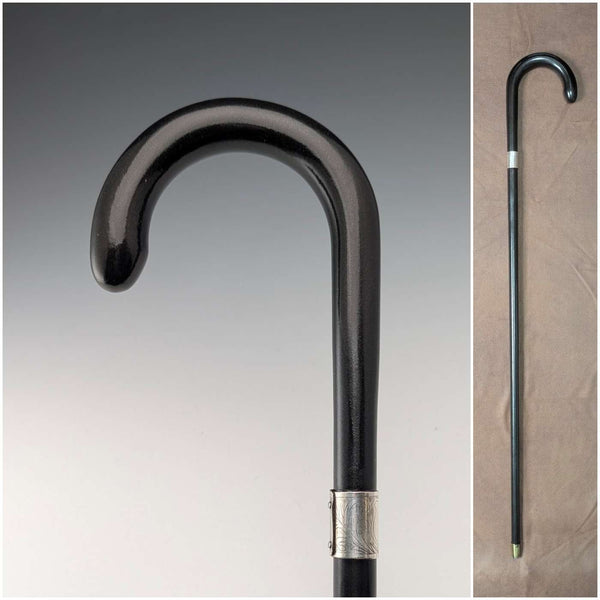 1920s-30s British vintage black shaft curved handle sterling silver decorated walking stick 78cm