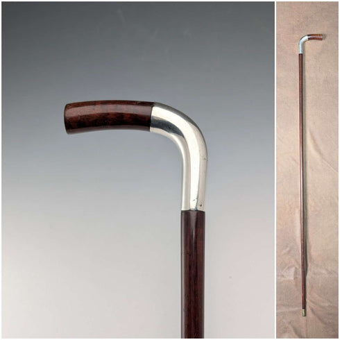 Alrededor de 1900, bastón antiguo inglés, mango en L con eje de madera marrón y decoración de plata esterlina, 92 cm, Julius Klinkhardt