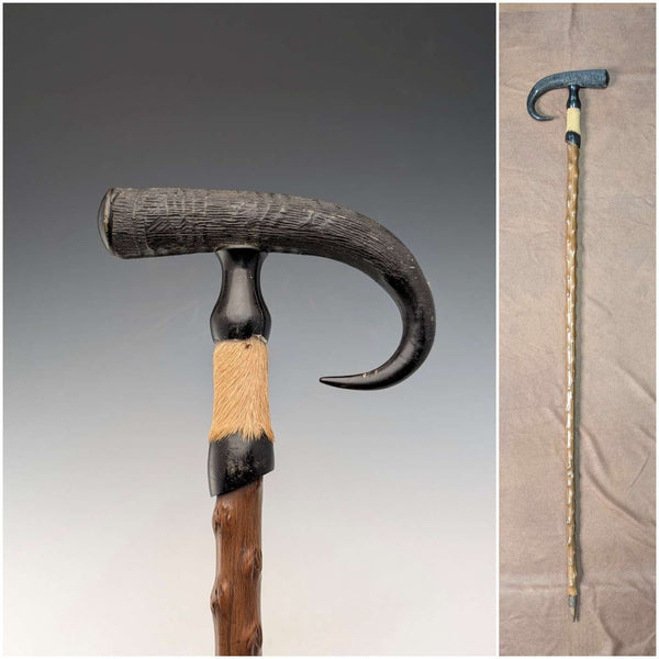 Bastón vintage de gamuza para caballero con mango de asta y pata, fuste marrón, 91 cm