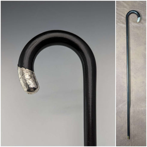 1928 Bastón vintage inglés para caballero, decoración de plata de ley, fuste negro, 91 cm, A&S