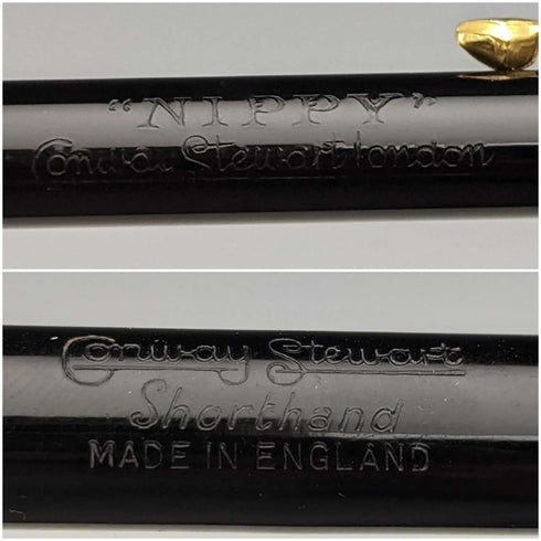 Set de pluma estilográfica y portaminas vintage Conway Stewart de Reino Unido, color negro, en estuche.