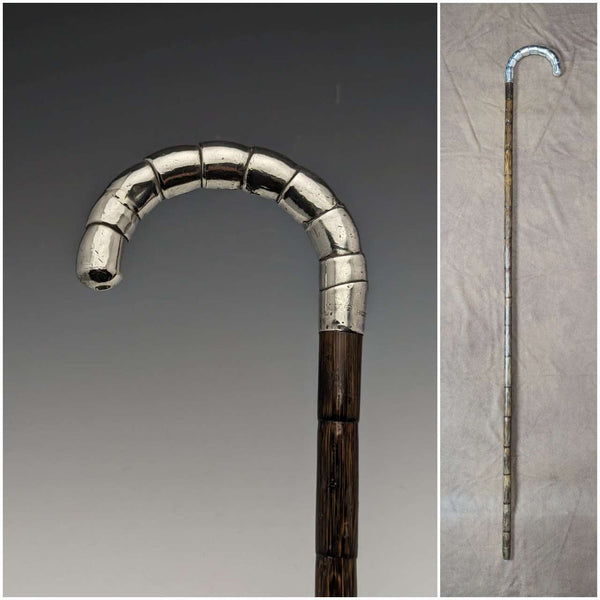 Around 1910 British antique thin cane pure silver bent handle 86cm