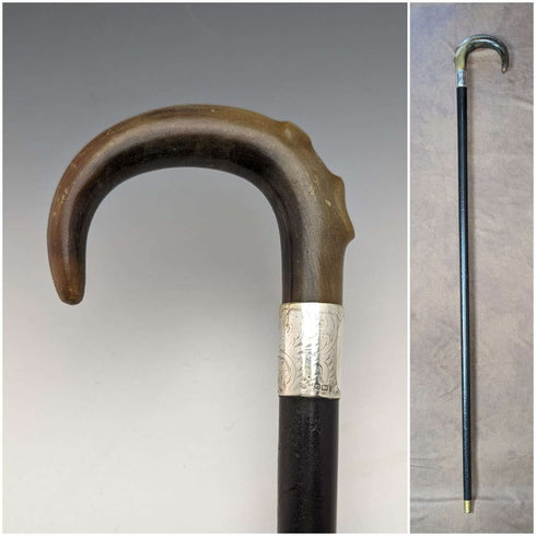 1927年 英国复古绅士手杖 纯银装饰 弯曲角柄 92cm