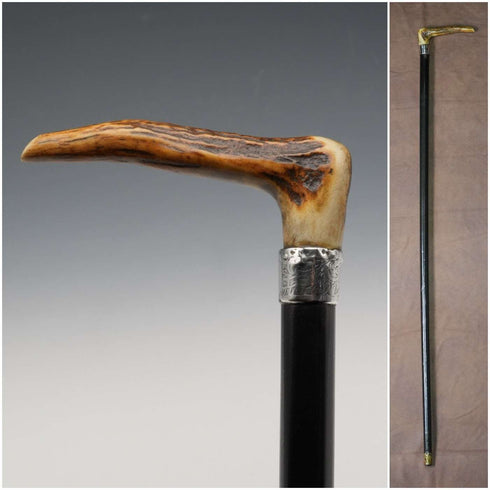 1895년 영국 앤틱 블랙 샤프트 순은 장식 앤틀러 핸들 스테이키 지팡이 90cm