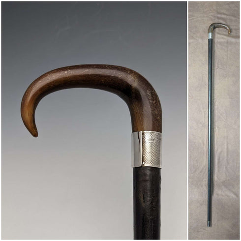 1907 British Antique Men's Cane Horn Handle Sterling Silver Decoration Black Shaft 88cm