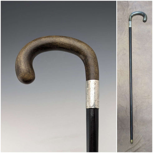 1918년 영국 앤티크 남성용 순은 장식 혼 핸들 지팡이 82cm