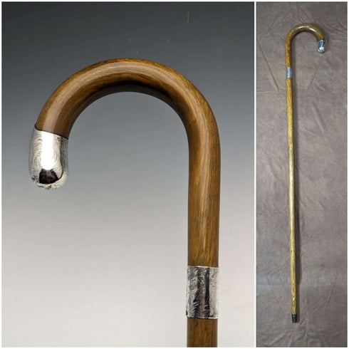 Bastón de caballero antiguo británico de 1922, eje marrón, con adornos de plata pura y mango curvo, 92 cm