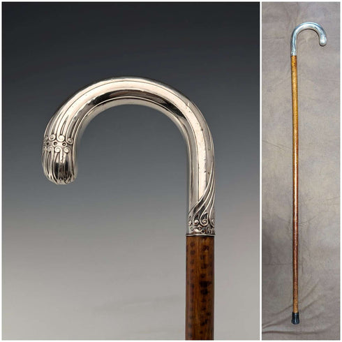 Bastón antiguo de caballero, mango curvado de plata 800, circa 1900, 90 cm
