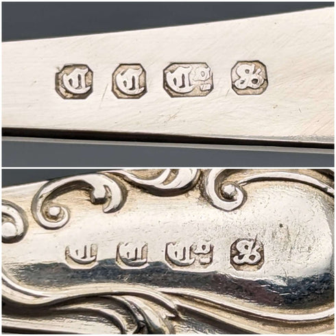 Juego de 12 cucharillas de té y pinzas para azúcar de plata chapada, antigüedades inglesas de 1905, en estuche