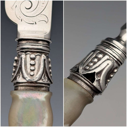 1865 British antique sterling silver blade and white mother of pearl handle dessert cutlery 6 pairs in wooden box Martin & Hall
