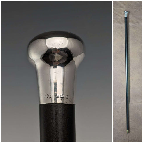 Bastón vintage británico para caballero, 1925, mango redondo de plata esterlina, eje negro, 91 cm, J Howell