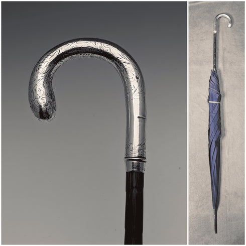 Paraguas antiguo para dama, Reino Unido, 1914, mango curvo de plata pura, 93 cm