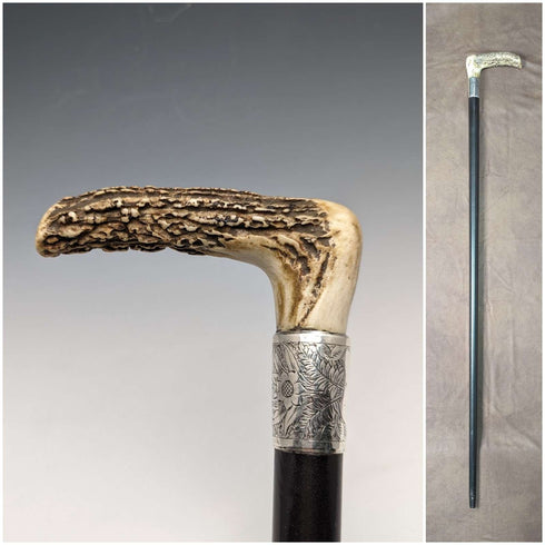 1890年 英国古董绅士手杖 L型鹿角柄 纯银装饰 黑色杖身 91cm