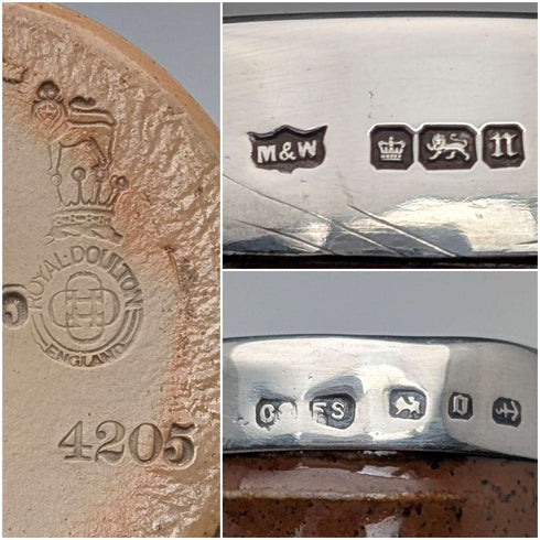 Hacia 1900, antigua jarra de cerámica con decoración de plata de ley y mini jarra para crema, Mappin & Webb, Reino Unido