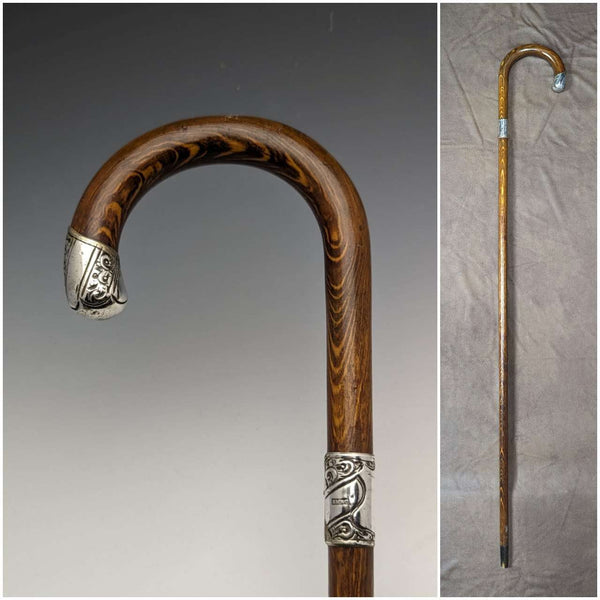 Bastón de caballero antiguo británico de 1922, eje marrón, mango curvo con decoración de plata de ley en relieve, 90 cm