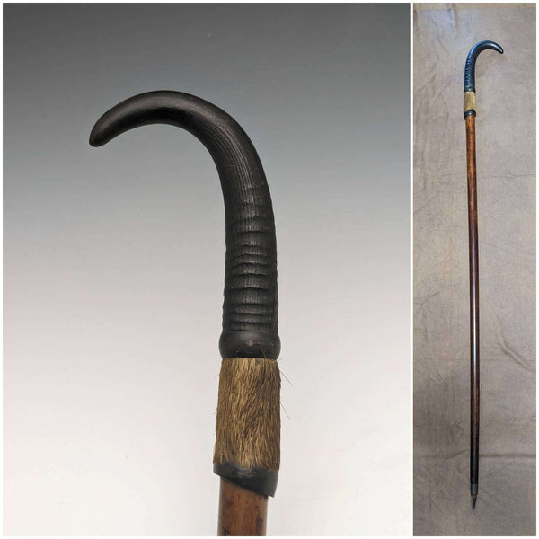 Bastón de senderismo antiguo de fabricación suiza, mango de cuerno con piel, 93 cm