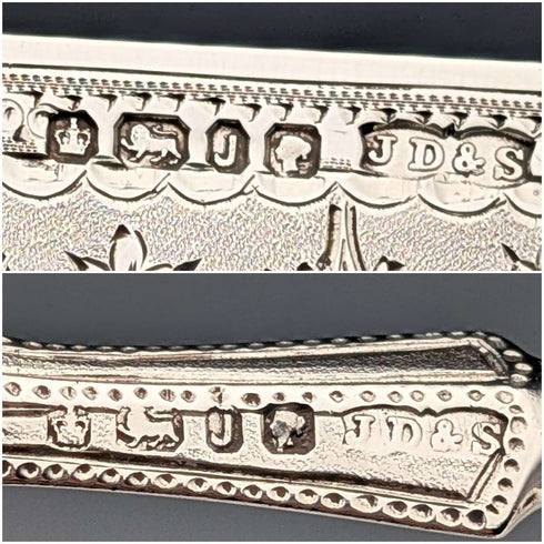 1876년 영국 앤티크 순은 블레이드 & 백접패 핸들 커틀러리 6세트(목재 케이스 포함) James Dixon&Sons