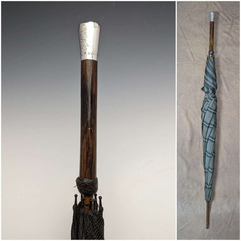 1932 British Vintage Men's Umbrella, Woven Pattern, Sterling Silver, Round Handle, 87cm