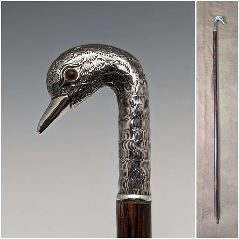 Bastón antiguo británico para dama, empuñadura de plata con cabeza de cisne, 77 cm